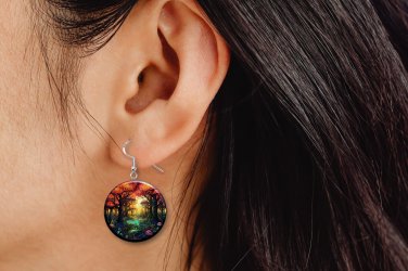 Colorful Forest Country Button Earrings Jewelry 1" Dangle MADE IN USA