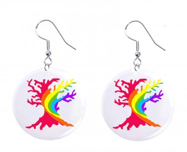 Gay Pride Rainbow Tree LGBTQ Button Earrings Jewelry 1" Dangle MADE IN USA - NEW
