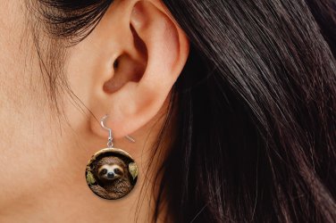 Sloth Faux Tool Leather 3D Look Button Earrings Jewelry 1" Dangle MADE IN USA