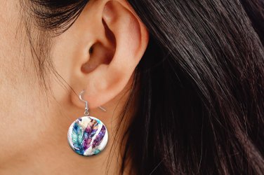 BOHO Feathers Button Earrings Jewelry 1" Dangle MADE IN USA - NEW
