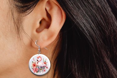 Pink Flamingos Button Earrings Jewelry 1" Dangle, Birds, Tropical, MADE IN USA