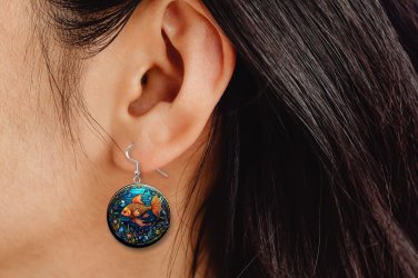 Colorful Goldfish Stain Glass Look Button Earrings Jewelry 1" Dangle MADE IN USA