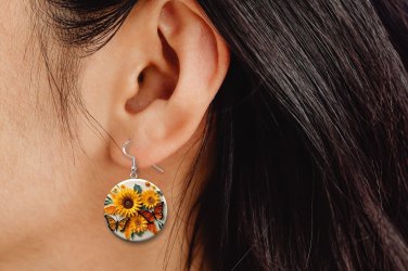 Sunflower & Butterflies 3D Look Button Earrings Jewelry 1" Dangle MADE IN USA