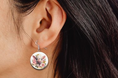 Baby Pig Piglet Button Earrings Jewelry 1" Dangle, Farm, MADE IN USA