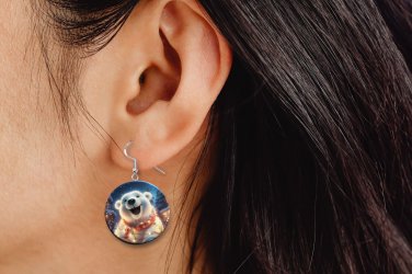 Christmas Polar Bear Button Earrings Jewelry 1" Dangle MADE IN USA NEW