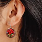 Red Flower Stain Glass Look Button Earrings Jewelry 1" Dangle MADE IN USA