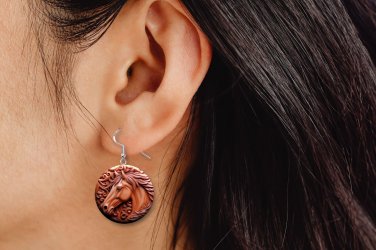 Faux Tool Leather Horse 3D Look Button Earrings Jewelry 1" Dangle MADE IN USA