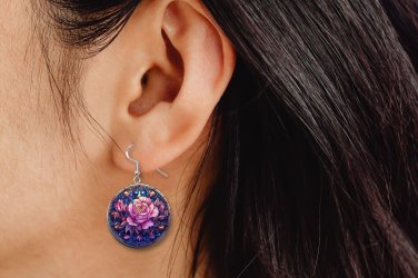 Pink Rose Flower Stain Glass Look Button Earrings Jewelry 1" Dangle MADE IN USA