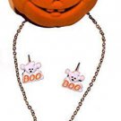 Halloween Ghost Boo Necklace and Earring Set in a Pumpkin Velour Gift Box NEW
