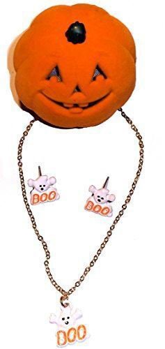 Halloween Ghost Boo Necklace and Earring Set in a Pumpkin Velour Gift Box NEW