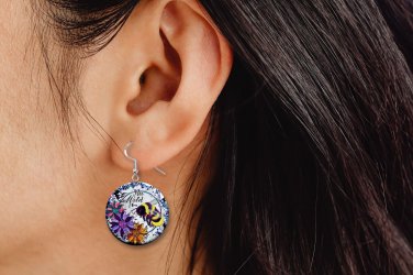 Be Wild & Free Honey Bee Button Earrings Jewelry 1" Dangle MADE IN USA NEW