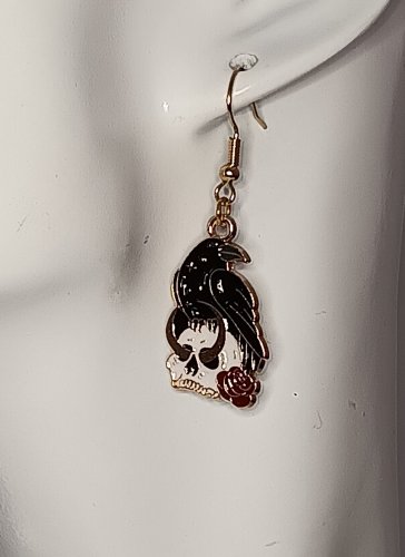 Goth Crow & Skeleton Skull Earrings, Jewelry, Metal Enamel, Apprx 1 in. NEW