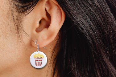 Popcorn Movie Night Button Earrings Jewelry 1" Dangle MADE IN USA - NEW