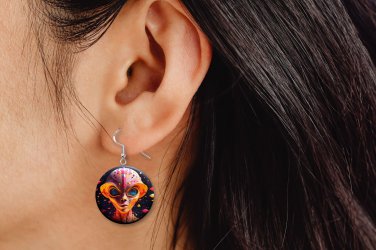 3D Looking Alien Flat Button Earrings Jewelry 1" Dangle MADE IN USA NEW
