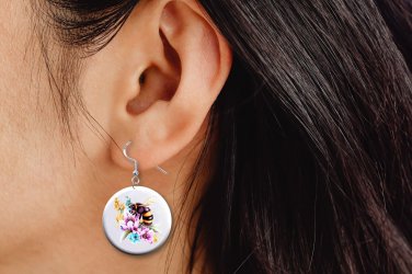 Bumble Bees on Flowers Button Earrings Jewelry 1" Dangle MADE IN USA NEW