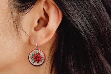 Christmas Poinsettia 3D LOOK Button Earrings Jewelry 1" Dangle MADE IN USA NEW