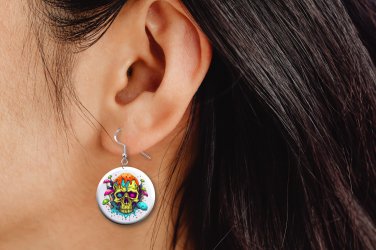 Neon Skull Trippy Button Earrings Jewelry 1" Dangle Novelty MADE IN USA - NEW