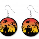 Halloween Scene, Haunted House, Witch Dangle Button Earrings Jewelry Novelty NEW