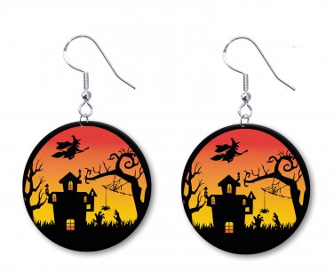 Halloween Scene, Haunted House, Witch Dangle Button Earrings Jewelry Novelty NEW