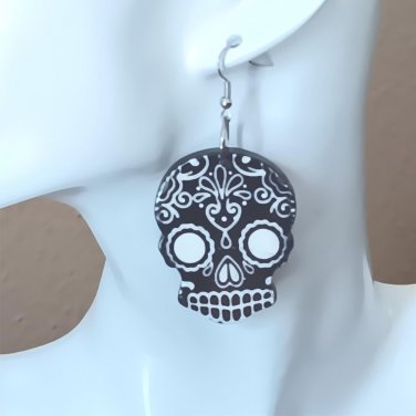 Day of the Dead Skull Dangle Earrings 2 Inches Long Black Novelty Jewelry