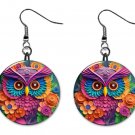 3D Printed Design Colorful Owl Button Earrings Jewelry 1" Dangle MADE IN USA NEW
