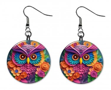 3D Printed Design Colorful Owl Button Earrings Jewelry 1" Dangle MADE IN USA NEW