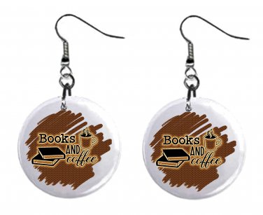 Books and Coffee Button Earrings Jewelry 1" Dangle MADE IN USA NEW