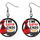 SUSHI "I'm Soy Cute" Button Earrings Novelty Jewelry 1" Dangle MADE IN USA NEW