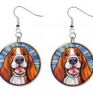 Stained Glass Printed Basset Hound Dog Button Earrings Jewelry 1" Dangle USA