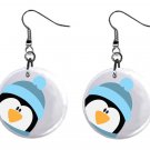 Christmas Peeking Penguin Button Earrings Jewelry 1" Dangle MADE IN USA NEW