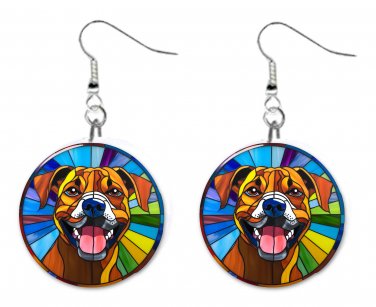Stained Glass Printed Pit Bull Dog Button Earrings Jewelry 1" Dangle USA