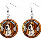 Stained Glass Printed St Bernard Dog Button Earrings Jewelry 1" Dangle  USA
