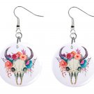 Steer Skull Floral BOHO Button Earrings Jewelry 1" Dangle MADE IN USA NEW