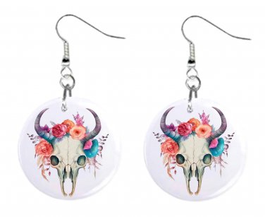 Steer Skull Floral BOHO Button Earrings Jewelry 1" Dangle MADE IN USA NEW