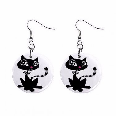 Retro Black Cat Dangle Earrings Jewelry 1 Inch Metal Buttons Handmade NEW