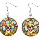 Stained Glass Printed Chihuahua Dog Button Earrings Jewelry 1" Dangle MADE INUSA
