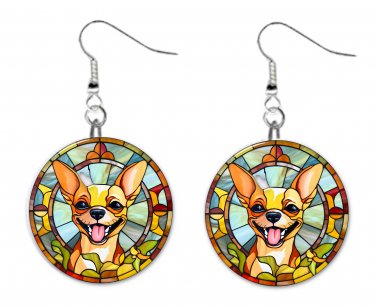 Stained Glass Printed Chihuahua Dog Button Earrings Jewelry 1" Dangle MADE INUSA