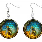 Honey Bee Stained Glass Design, Button Earrings Jewelry 1" Dangle MADE IN USA