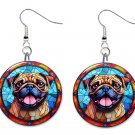 Stained Glass Printed Pug Dog Button Earrings Jewelry 1" Dangle MADE IN USA