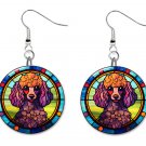 Stained Glass Printed Poodle Dog Button Earrings Jewelry 1" Dangle MADE IN USA