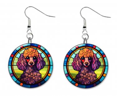 Stained Glass Printed Poodle Dog Button Earrings Jewelry 1" Dangle MADE IN USA