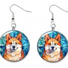 Stained Glass Printed AKITA Dog Button Earrings Jewelry 1" Dangle MADE IN USA