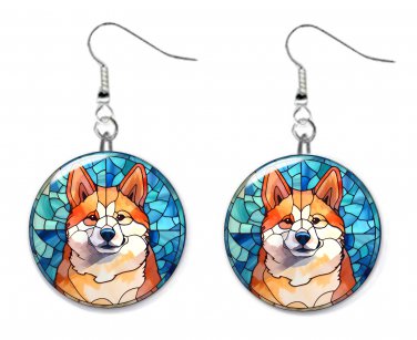 Stained Glass Printed AKITA Dog Button Earrings Jewelry 1" Dangle MADE IN USA