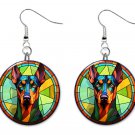 Stained Glass Printed Doberman Pinscher Dog Button Earrings Jewelry 1" Dangle