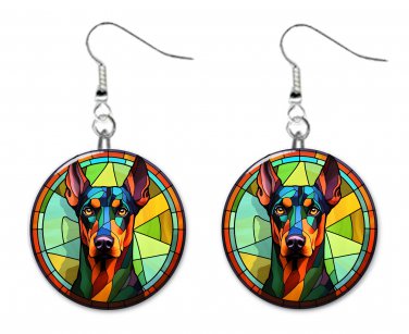 Stained Glass Printed Doberman Pinscher Dog Button Earrings Jewelry 1" Dangle