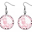 Pink Poodle w Polka Dots Button Earrings Jewelry 1" Dangle MADE IN USA