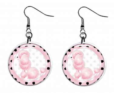 Pink Poodle w Polka Dots Button Earrings Jewelry 1" Dangle MADE IN USA