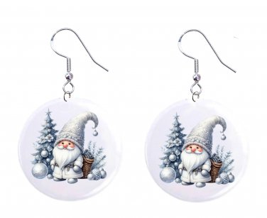 White Christmas Holiday Silver Gnome Button Earrings Jewelry 1" Dangle MADE IN USA NEW