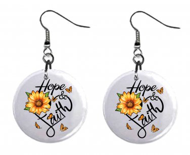 Hope Faith and Flower Design, Button Earrings Jewelry 1" Dangle MADE IN USA NEW