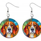 Stained Glass Printed Beagle Dog Button Earrings Jewelry 1" Dangle MADE IN USA